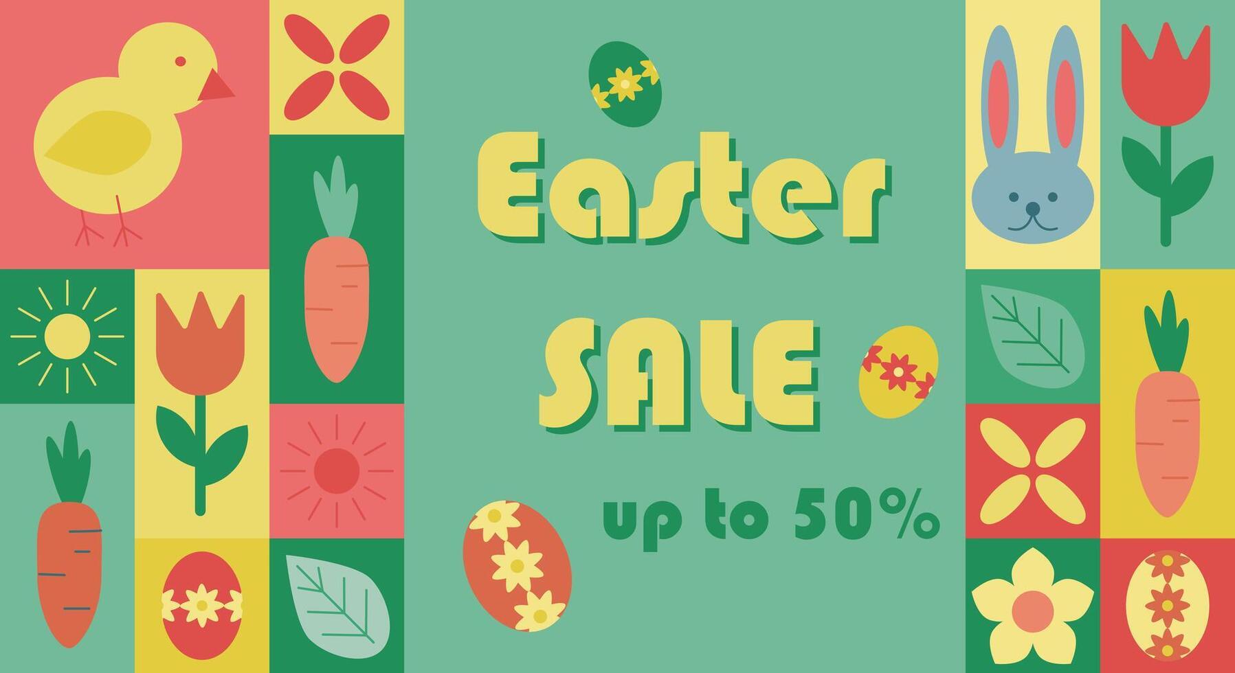 Easter sale banner with decorative spring elements, including a bunny, chick, flowers, carrots, and Easter eggs in a colorful, geometric flat design. Abstract modular banner vector