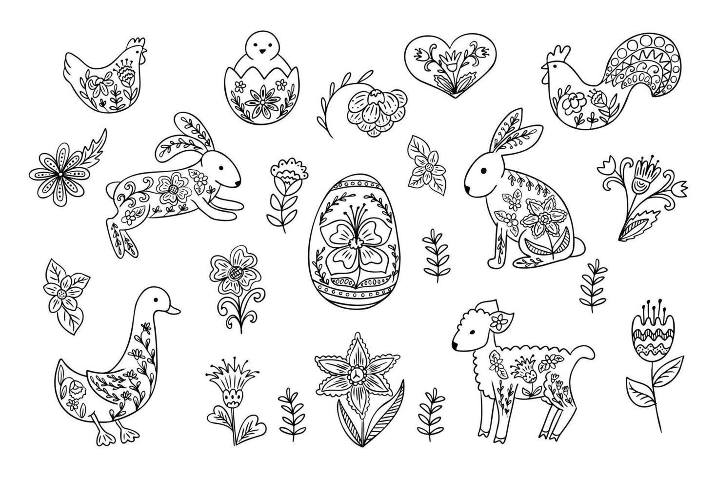 Hand drawn Easter folk doodles with decorative animals, floral elements, and an ornate egg in a black and white style, perfect for coloring pages, festive designs, and traditional art vector