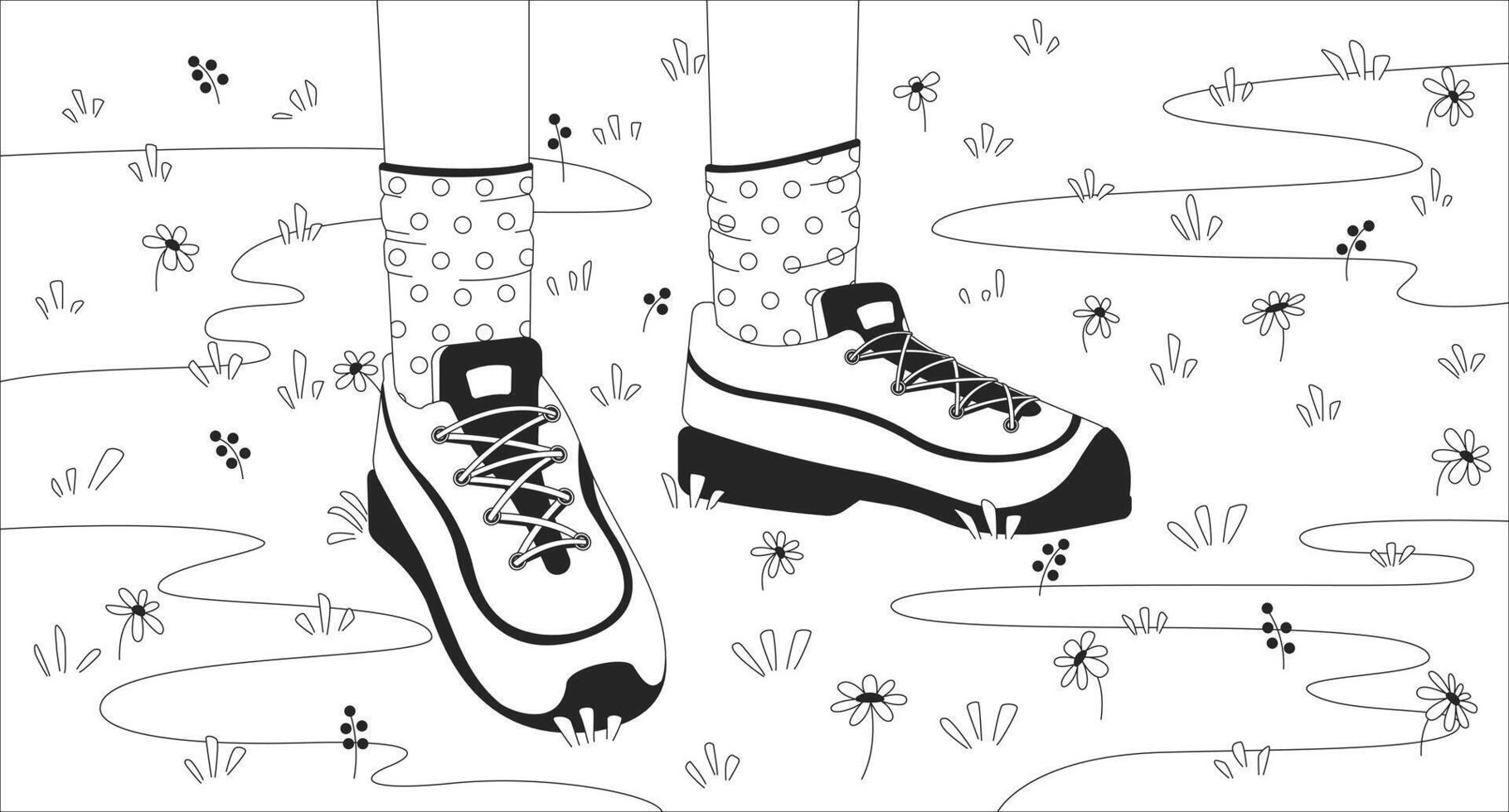Casual walk in flower field lofi illustration outline. Childish sneakers with polka-dot socks. Legs in shoes wildflowers meadow 2D ink linear flat lo fi drawing. Line art aesthetic wallpaper vector