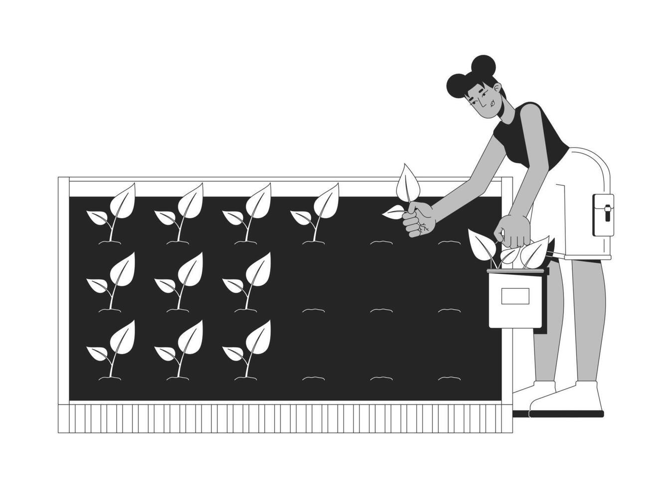 African american woman gardening and planting seedlings into soil 2D line character. Black female tending to raised garden bed isolated ink outline person. Monochromatic spot illustration vector