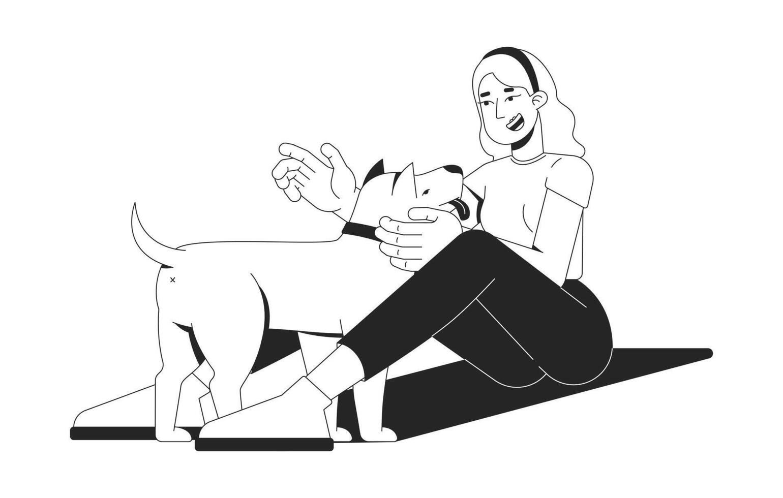 Smiling blonde woman sitting on ground, petting friendly dog 2D line character. Caucasian girl enjoying joyful moment with pet isolated ink outline person. Monochromatic spot illustration vector
