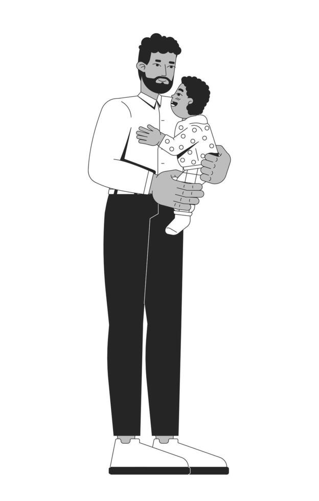 African american father holding toddler son with love 2D line characters. Fatherhood joy bonding. Black male caring dad hugging baby isolated ink outline people. Monochromatic spot illustration vector