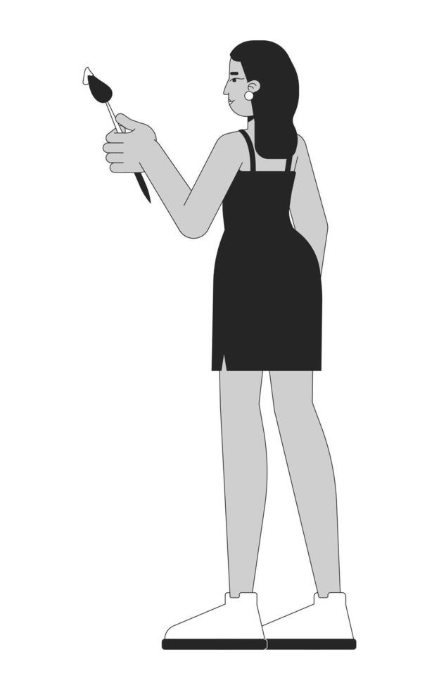 Indian woman painting in black dress 2D line character. Creative passion. South asian girl holding paintbrush with paint isolated ink outline person. Monochromatic spot illustration vector