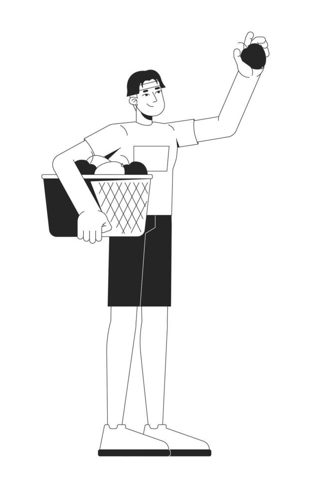 Young korean man holding basket of freshly picked apples 2D line character. Organic farming. Asian guy harvesting fruits isolated ink outline person. Monochromatic spot illustration vector