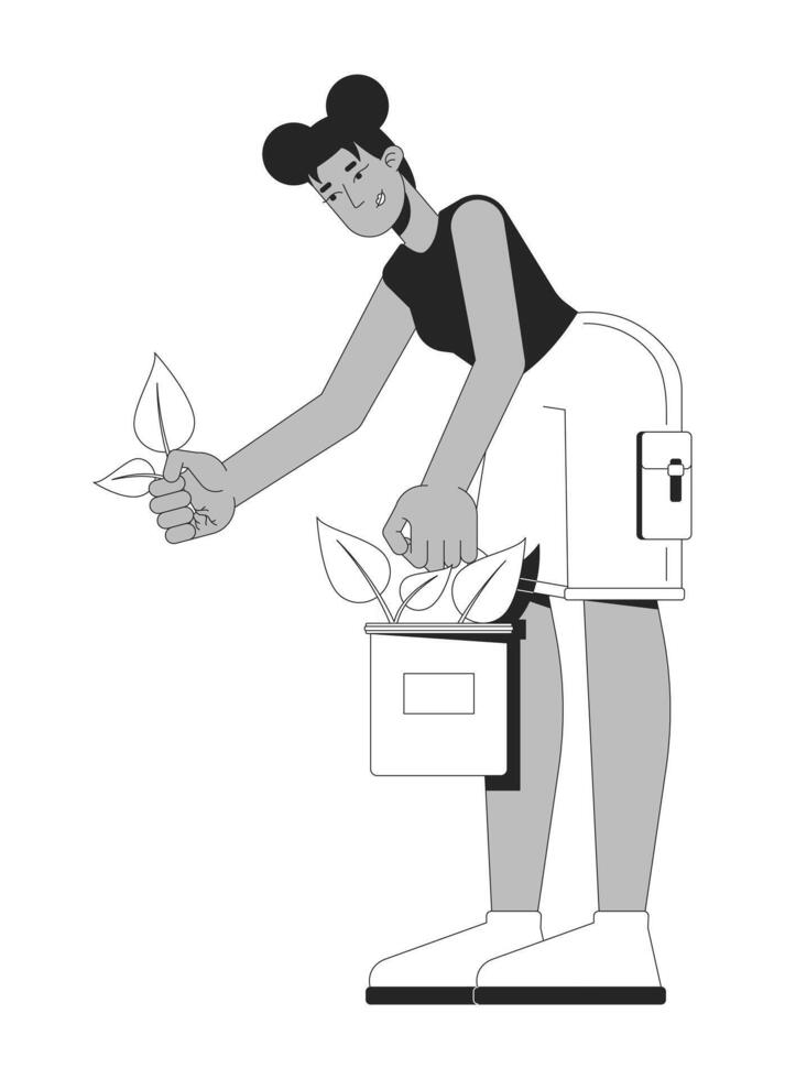 African american woman planting seedlings from bucket 2D line character. Gardening hobby reforestation. Black female gardener volunteer isolated ink outline person. Monochrome spot illustration vector