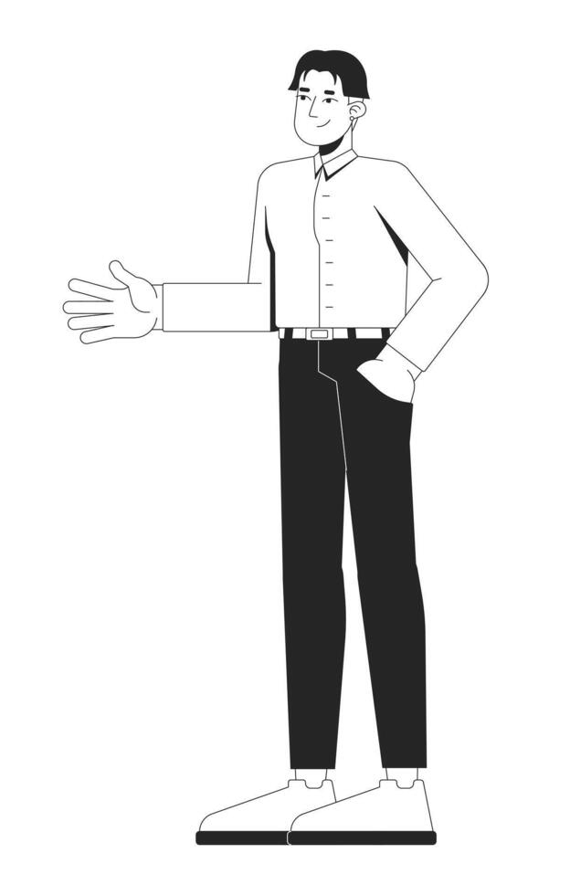 Korean man in business casual attire extending hand for greeting 2D line character. Confidence, friendliness, welcoming personality isolated ink outline person. Monochromatic spot illustration vector