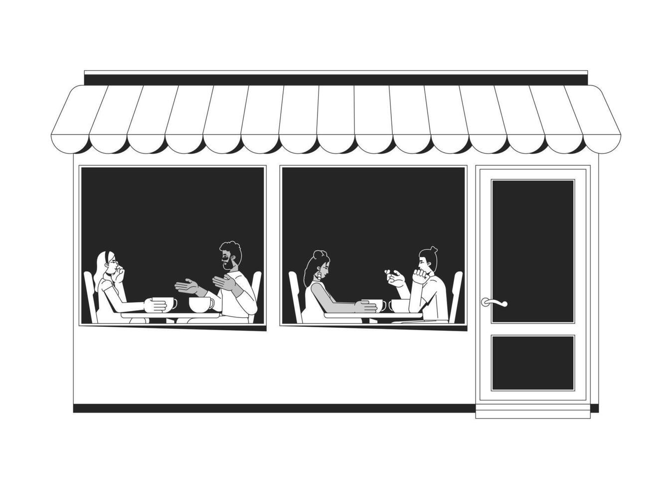 Awning cafe exterior showing customers sitting at tables inside 2D line characters. Coffeeshop coffee shop diverse people talking isolated clipart ink outline item. Monochrome spot illustration vector