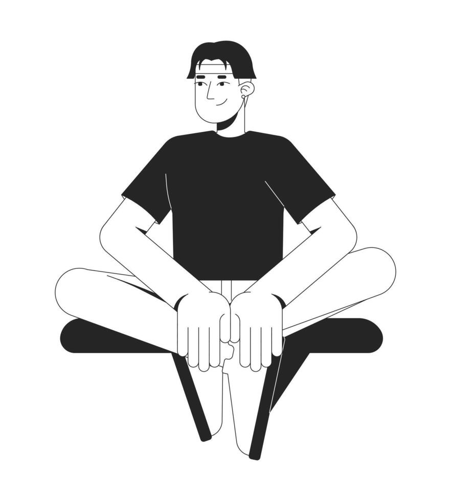 Young asian man sitting cross-legged with calm expression smiling 2D line character. Korean guy wearing headband casual crosslegged isolated ink outline person. Monochromatic spot illustration vector