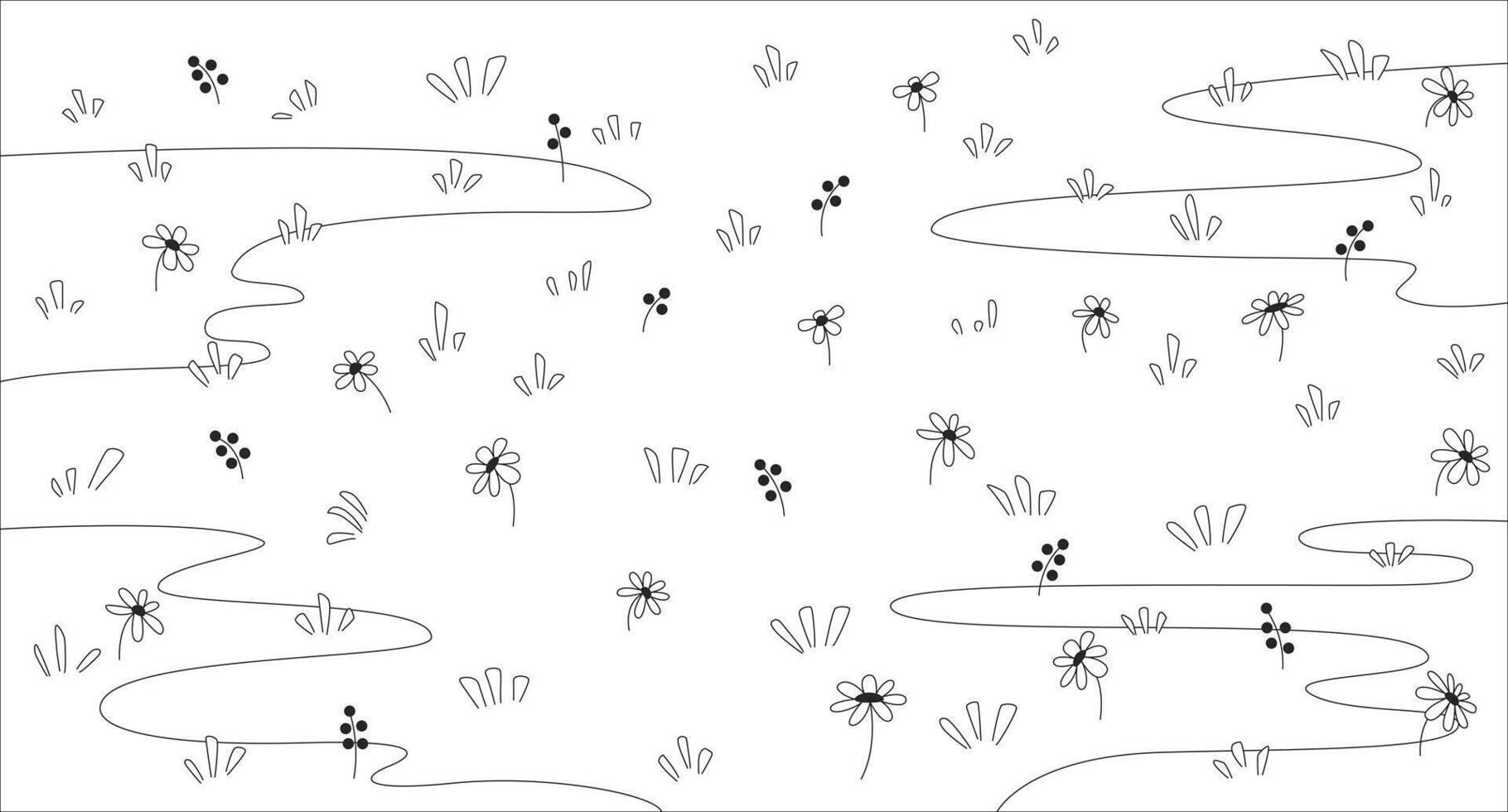 Lo-Fi aesthetic grassy meadow with small flowers line illustration backdrop. Hand-drawn grass daisies chamomiles floral field countryside vibe 2D ink outline monochrome background. Lineart vector