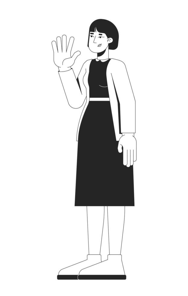 Korean woman in black dress cardigan waving with confident expression 2D line character. Friendly greeting, asian female casual chic isolated ink outline person. Monochromatic spot illustration vector
