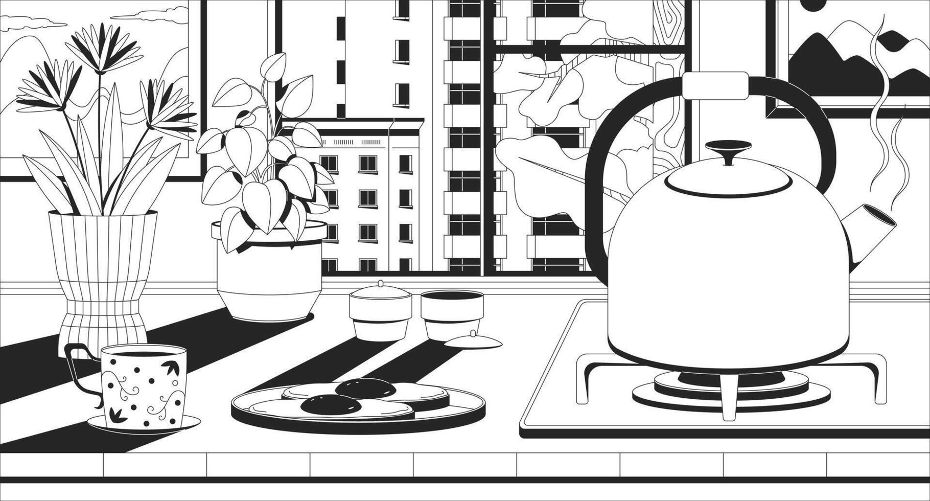 Cozy morning kitchen with breakfast and boiling kettle lofi illustration outline. Fried eggs toasts, houseplants by window 2D ink linear flat lo fi drawing. Line art aesthetic wallpaper vector