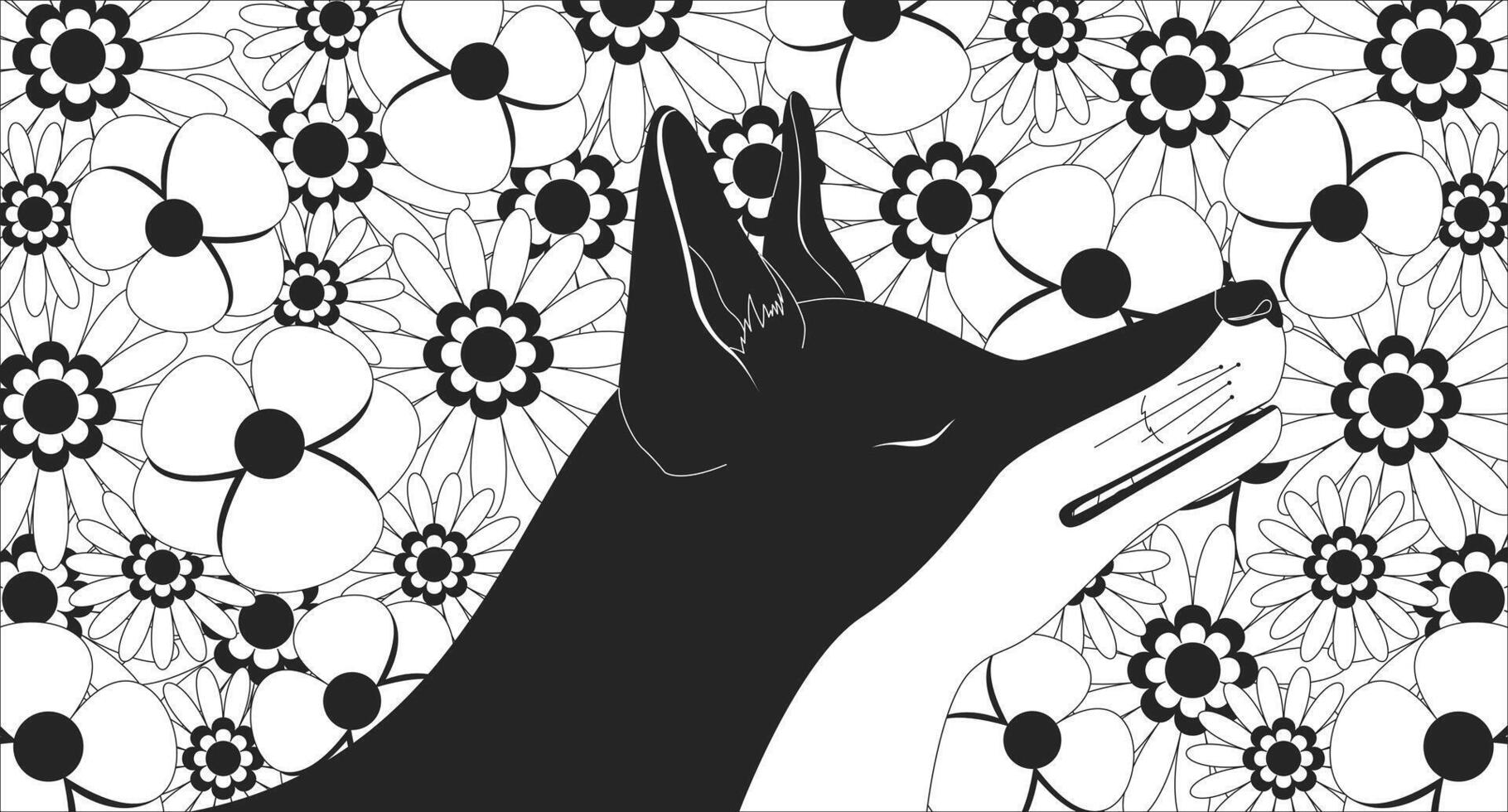 Dreamy fox in floral paradise lofi illustration outline. Peaceful animal with closed eyes surrounded by whimsical flowers 2D ink linear flat lo fi drawing. Line art aesthetic wallpaper vector