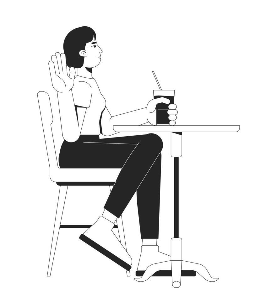 Korean woman enjoying drink at cafe 2D line character. Asian female sitting at table, sipping beverage while raising hand isolated ink outline person. Monochromatic spot illustration vector