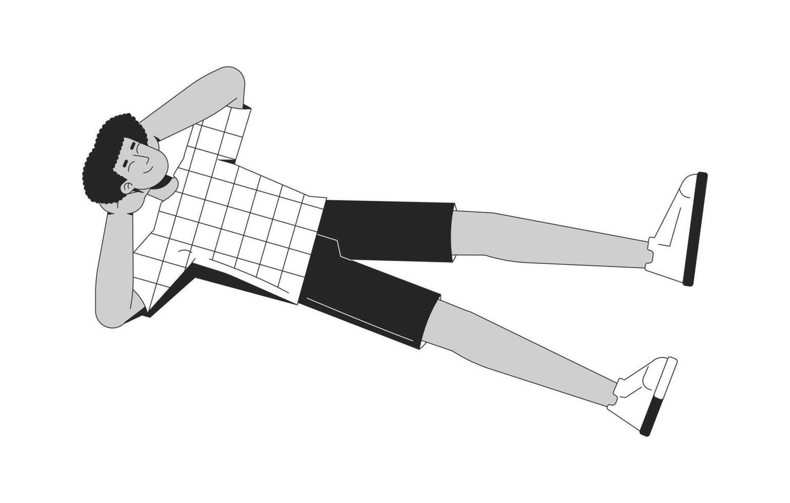 Young hispanic man in checkered tshirt lying on back with hands behind head 2D line character. Carefree latino guy relaxed pose isolated ink outline person. Monochromatic spot illustration vector
