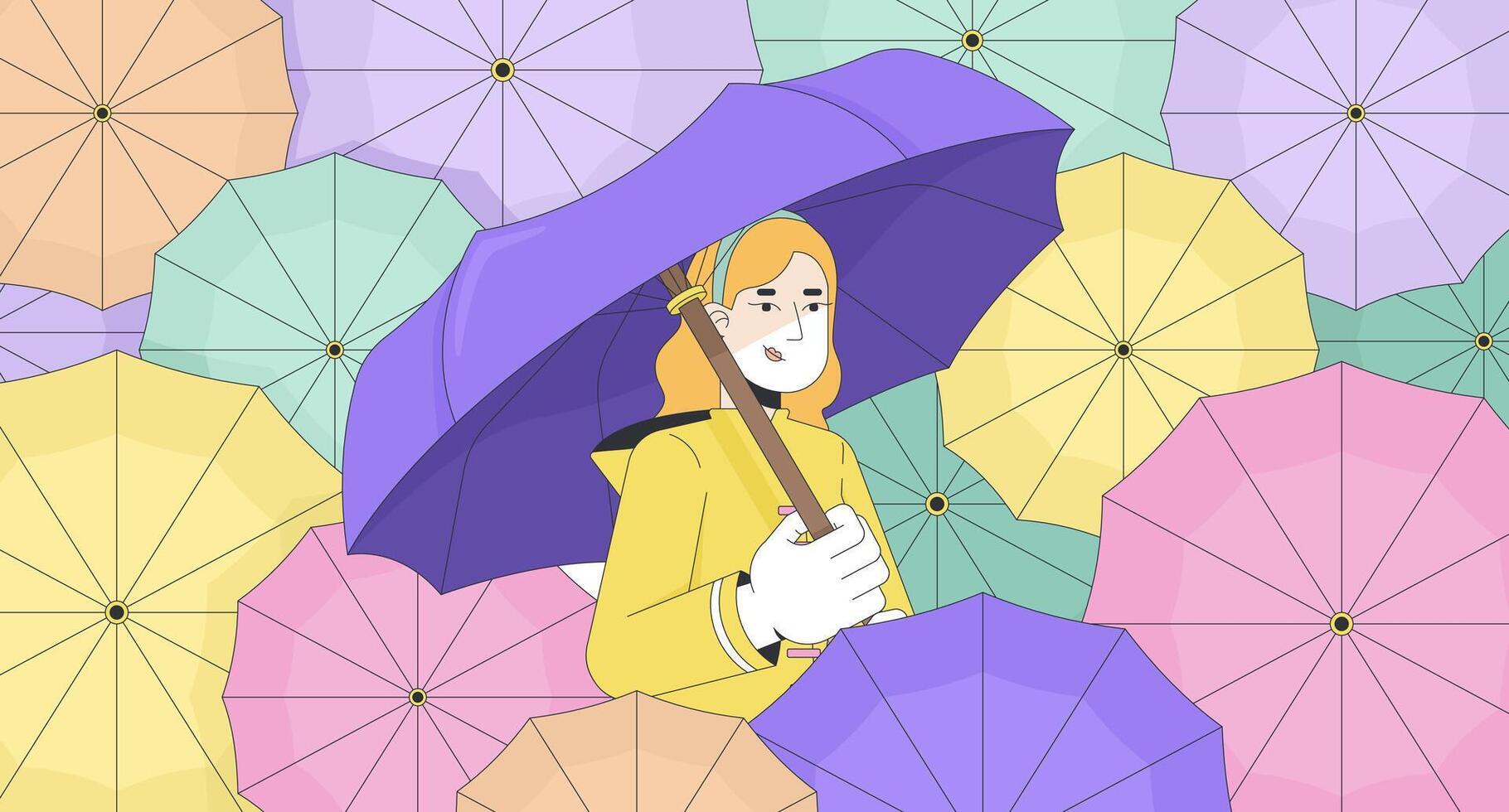 Raincoat woman with umbrella in parasols rain weather lofi wallpaper. Resilience. Dreamy rainy day nostalgia vibes 2D cartoon flat illustration. Iimage lo fi aesthetic color background vector