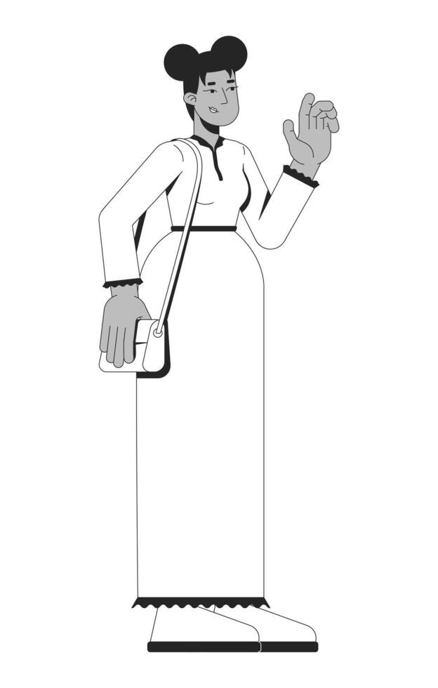 Modest black woman in long dress with handbag waving hand 2D line character. Female fashion. African american lady elegant posture isolated ink outline person. Monochromatic spot illustration vector