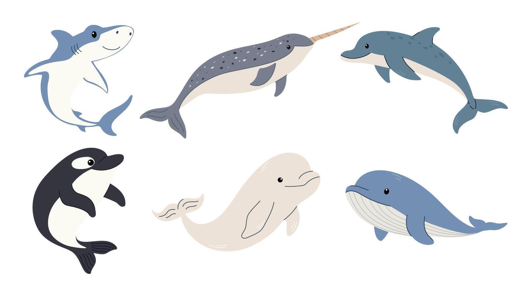 A set of aquatic animals. Ocean aquatic animals. Orca, whale, dolphin, narwhal, shark and beluga. Flat set. Cute style vector