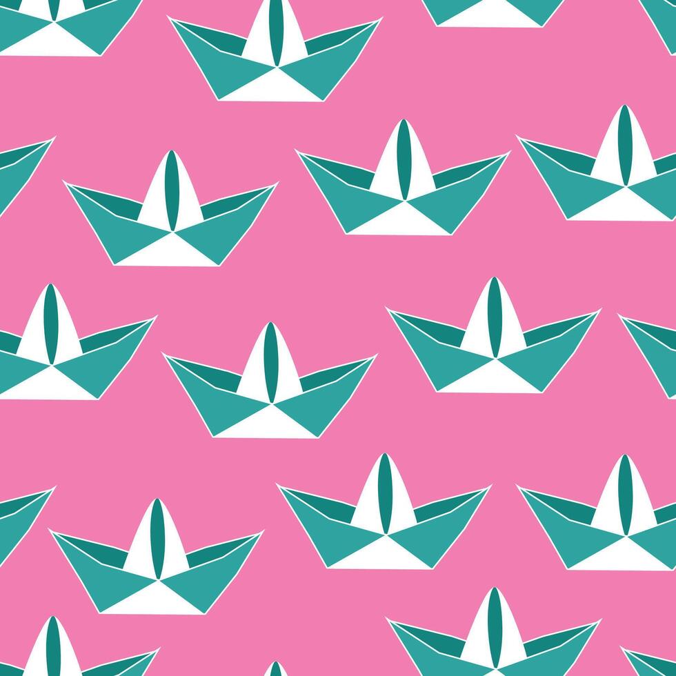 Seamless pattern origami paper boat on pink vector