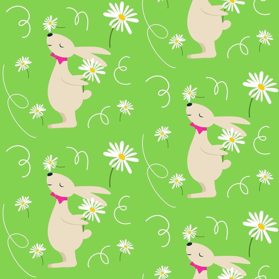 Seamless bright spring floral pattern, background with cute Easter bunny and daisy flowers. vector