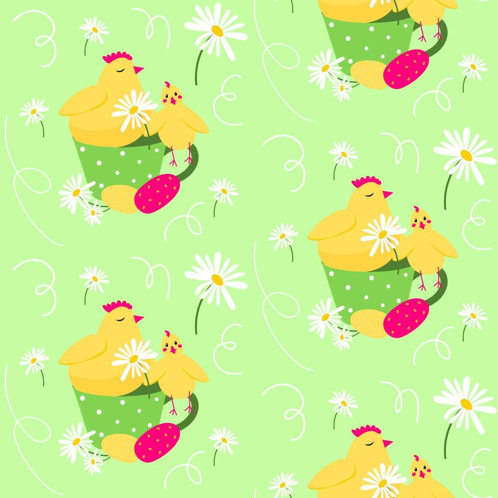 Background with daisy flowers. Seamless pastel spring floral pattern with yellow sitting in a cup chicken birds and Easter eggs. vector