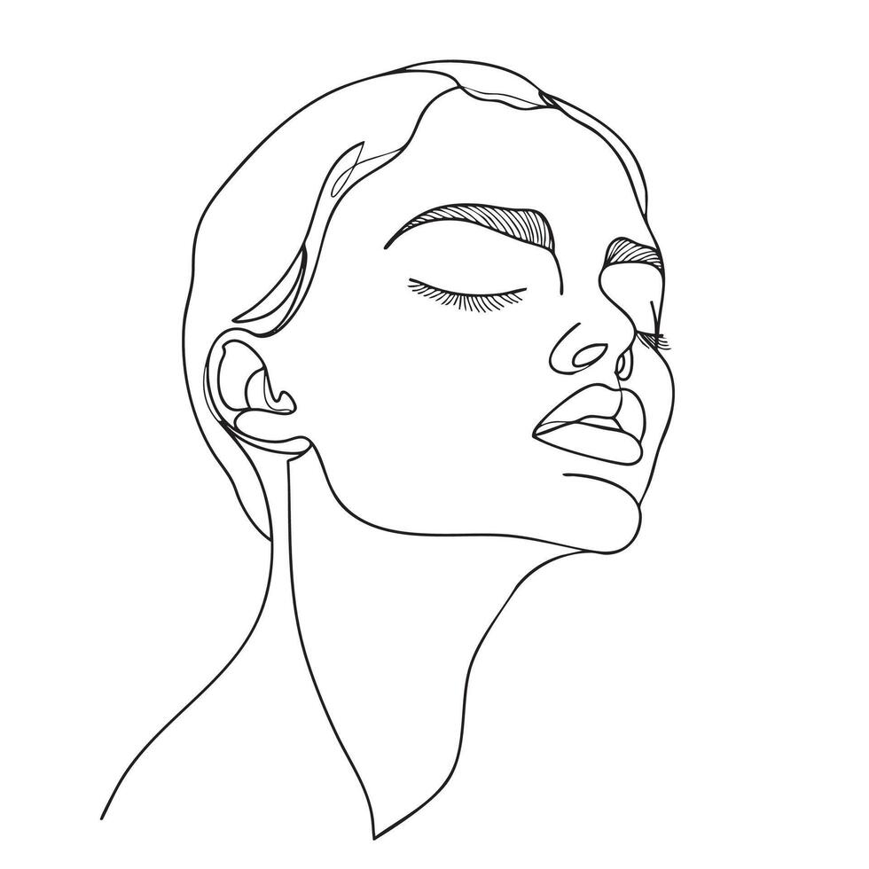 minimalist line drawing of serene woman face, showcasing elegance and tranquility. artwork captures essence of beauty through simple lines and contours vector