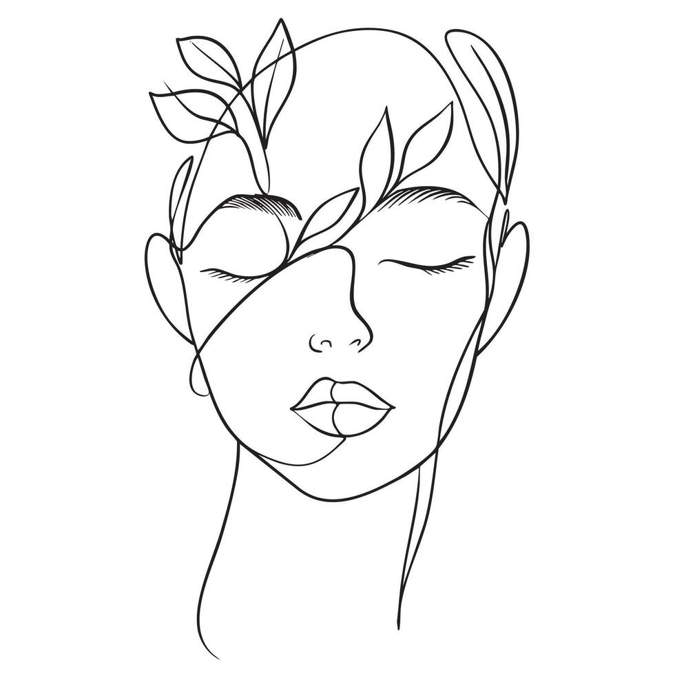 minimalist line art illustration of serene face adorned with leaves, symbolizing nature and tranquility. elegant design captures peaceful expression, blending human features with organic elements vector