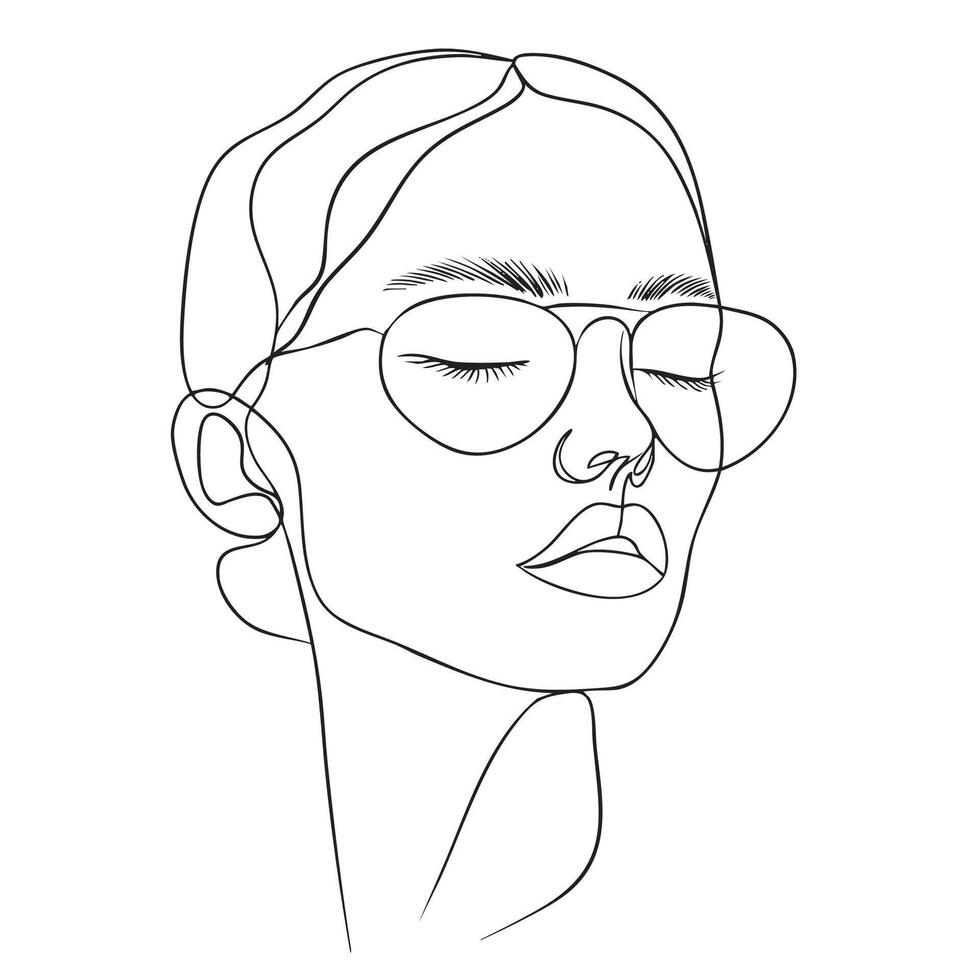 minimalist line drawing of woman wearing sunglasses, with closed eyes and serene expression. artwork captures elegance and simplicity vector