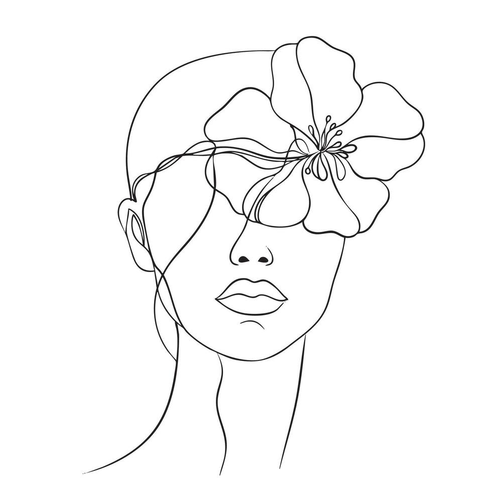minimalist line drawing of woman with flower on her head, showcasing beauty and elegance. artwork captures serene expression and artistic style vector