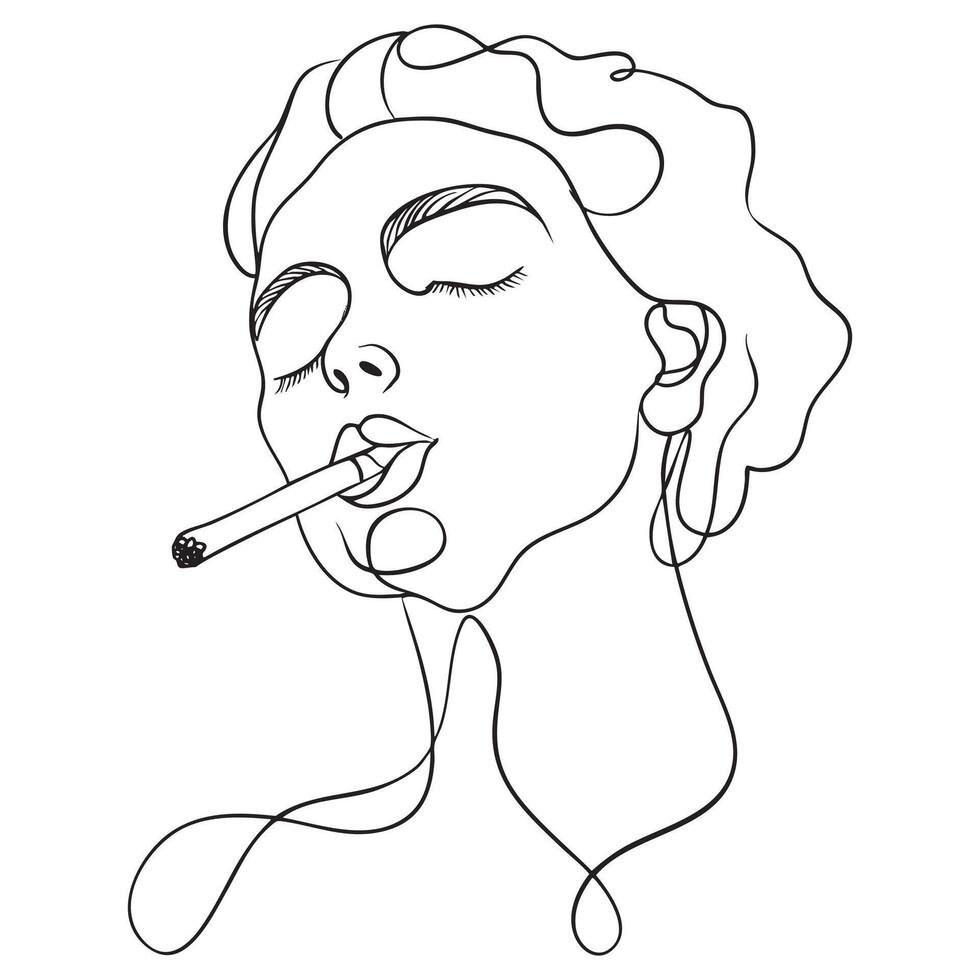 minimalist line drawing of woman smoking cigarette, showcasing elegance and calmness. artwork captures moment of introspection and style vector