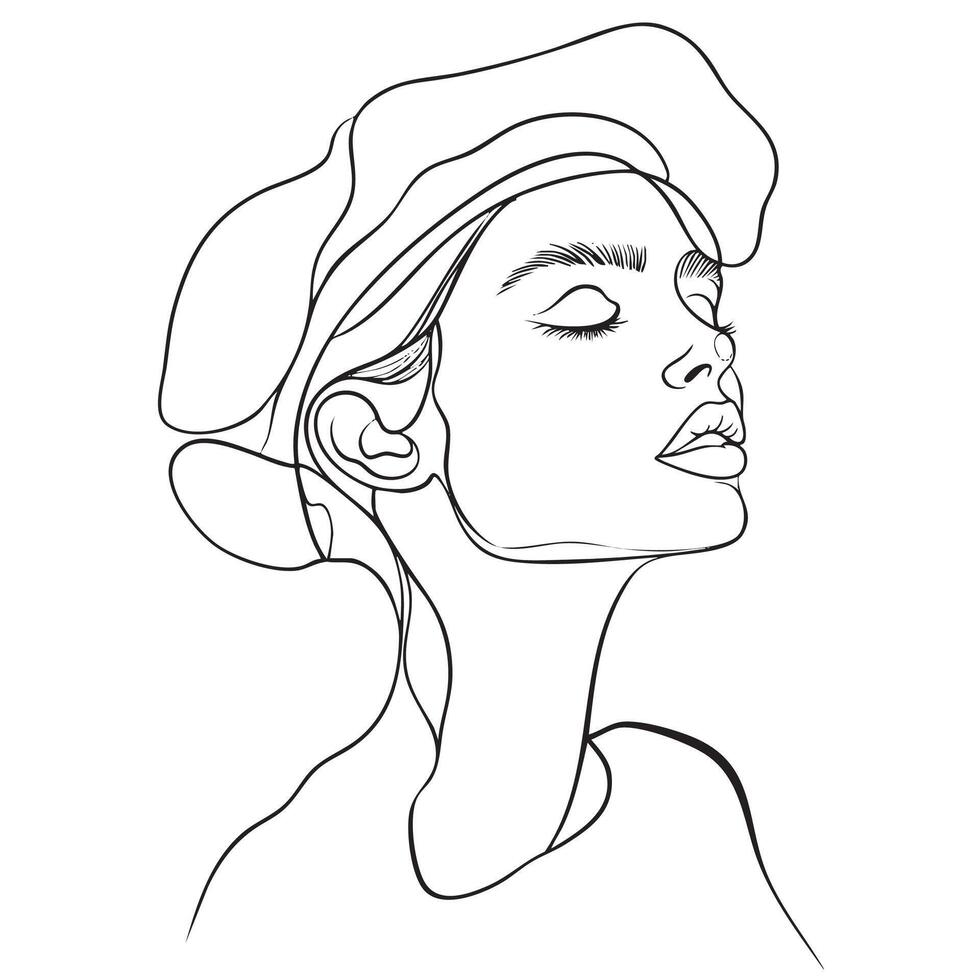 minimalist line art illustration of woman with closed eyes, wearing hat, exuding serene and contemplative expression vector