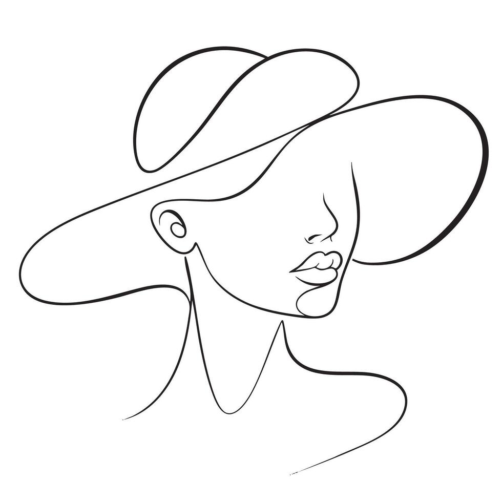 minimalist line drawing of woman wearing large hat, showcasing elegance and simplicity. artwork captures essence of beauty and style through its clean lines and graceful form vector