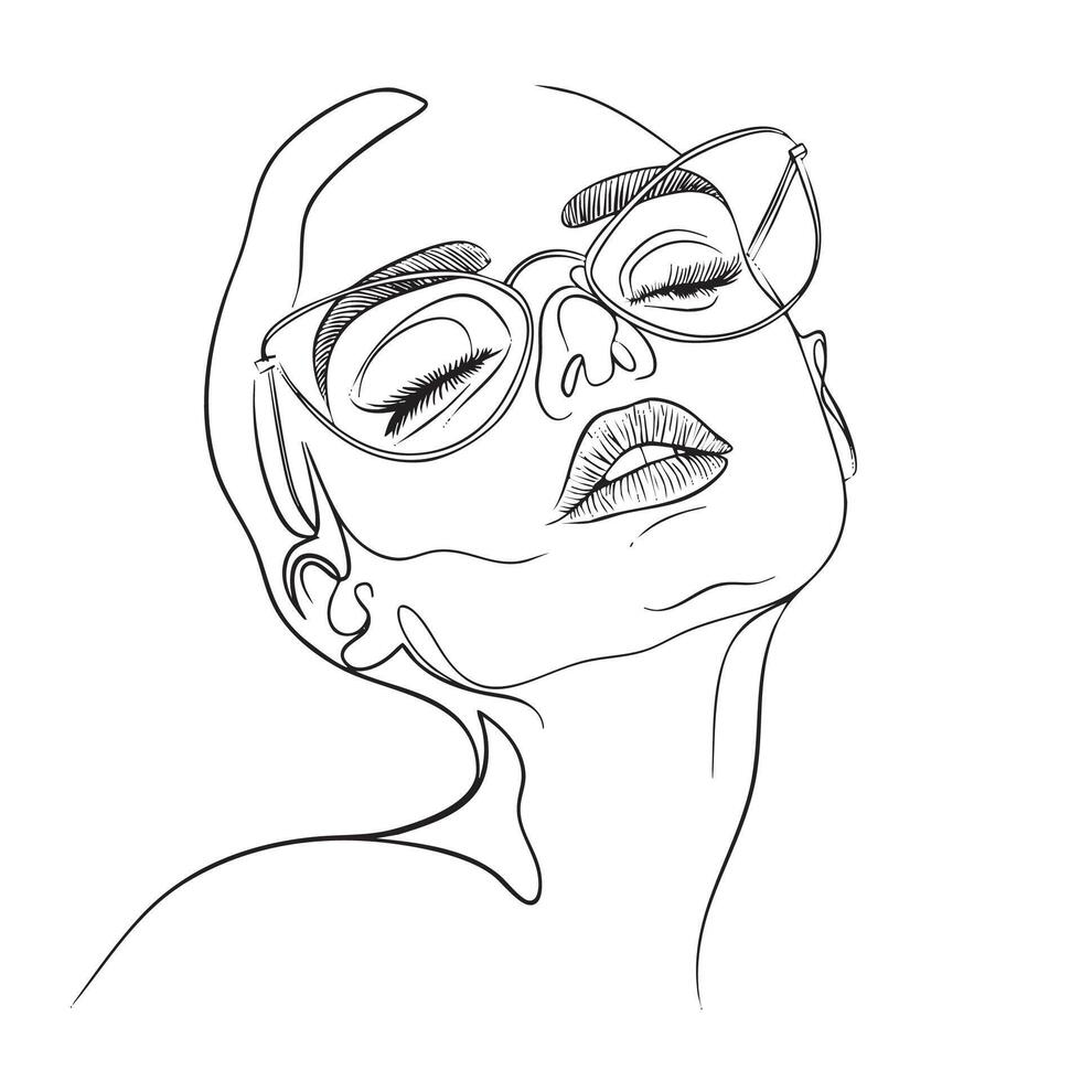 minimalist line drawing of woman with glasses, eyes closed, and serene expression. artwork captures beauty and elegance through simple lines vector