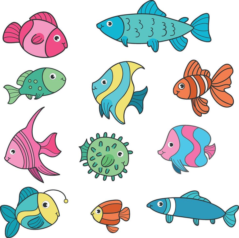 a set of cartoon fish on a white background vector