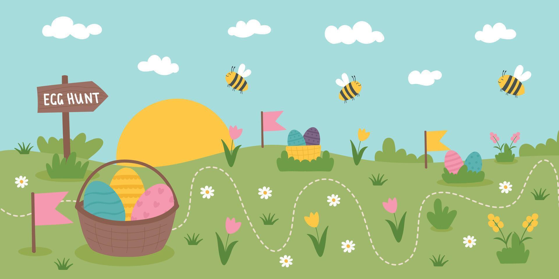 Easter egg hunt concept background. Easter card with Easter eggs in the baskets on the meadow. Hand drawn flat style banner. vector
