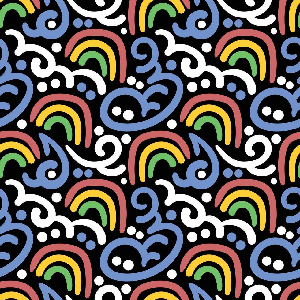 Rainbow seamless pattern with blue sky doodle in black background. vector