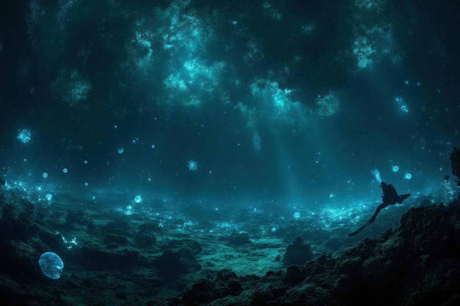 A man is swimming in the ocean under the surface of the water photo