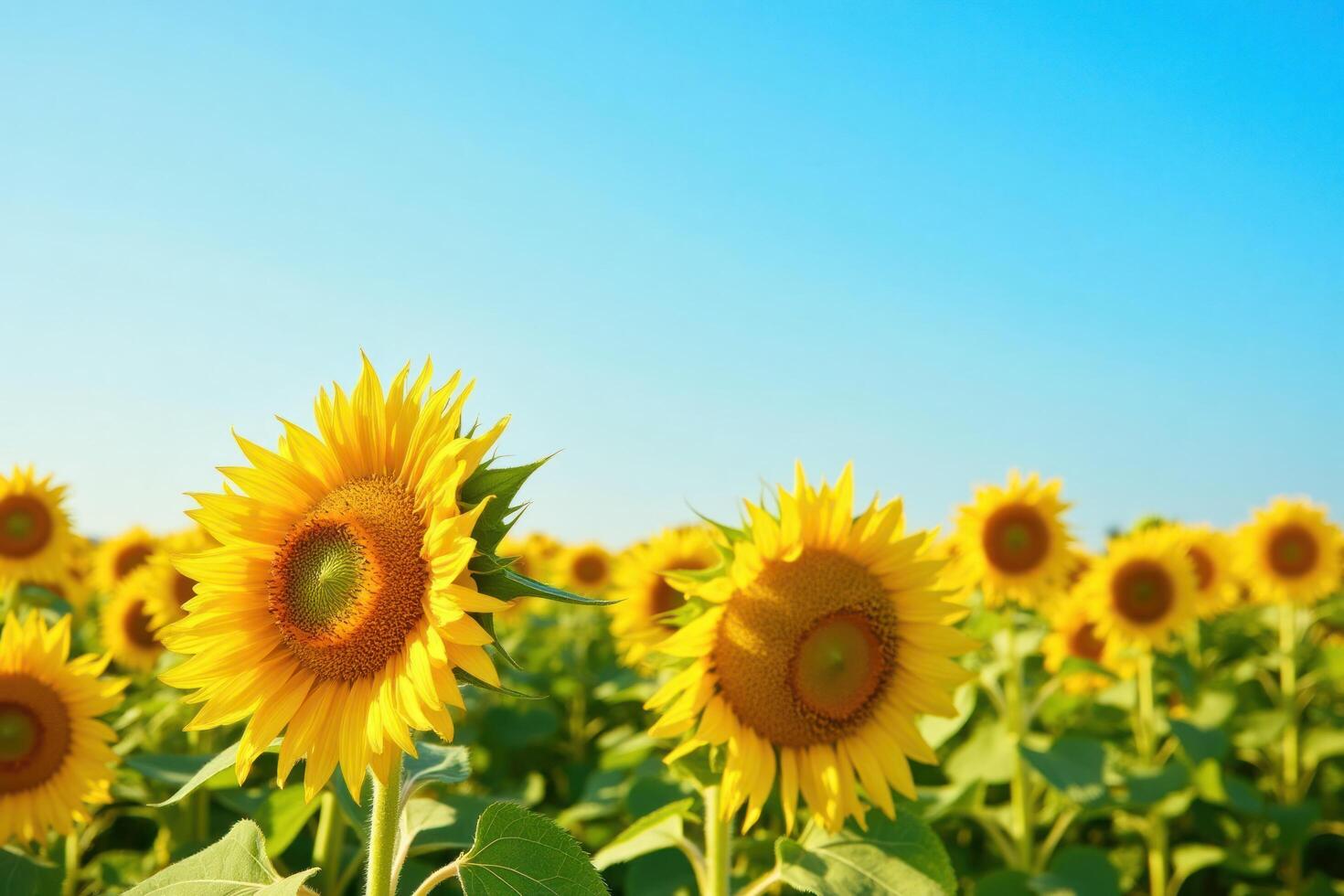 Sunflowers in a field with blue sky background photo