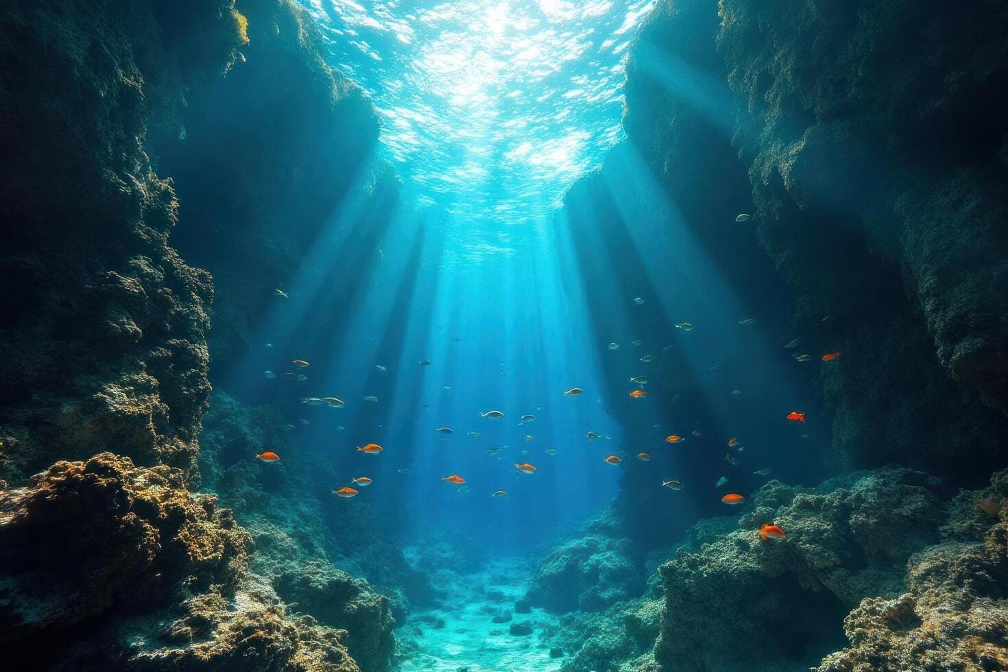 Underwater scene with rays of light shining through the water photo