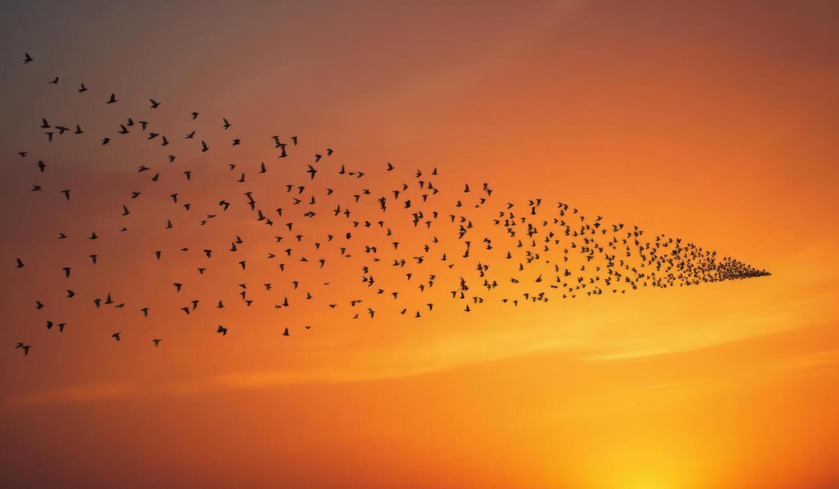 A flock of birds flying in the sky at sunset photo