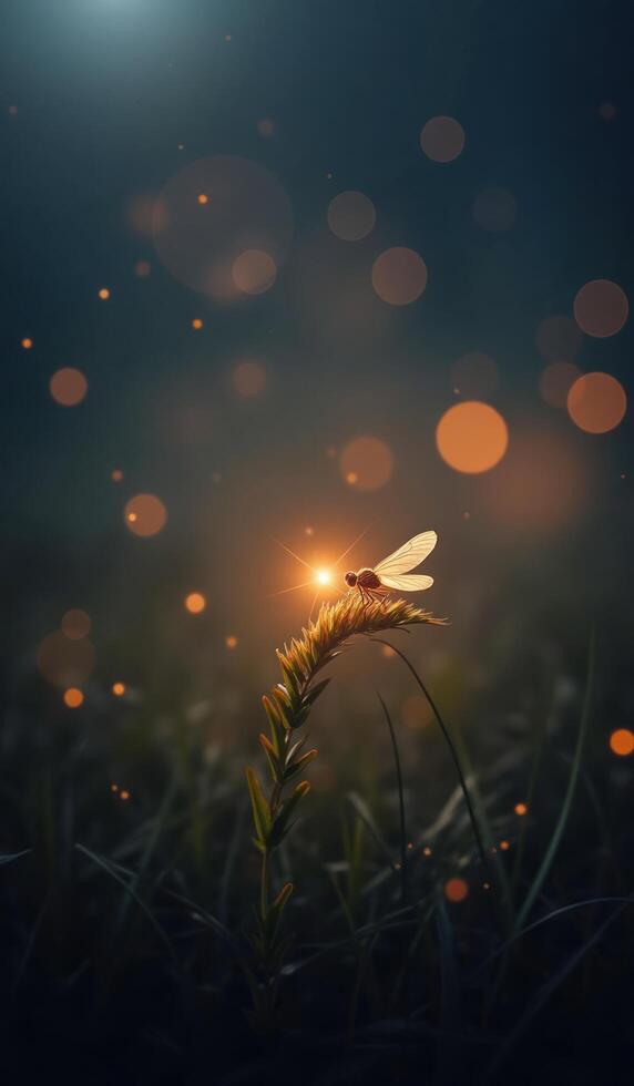 A dragonfly is sitting on a grass stem at night photo