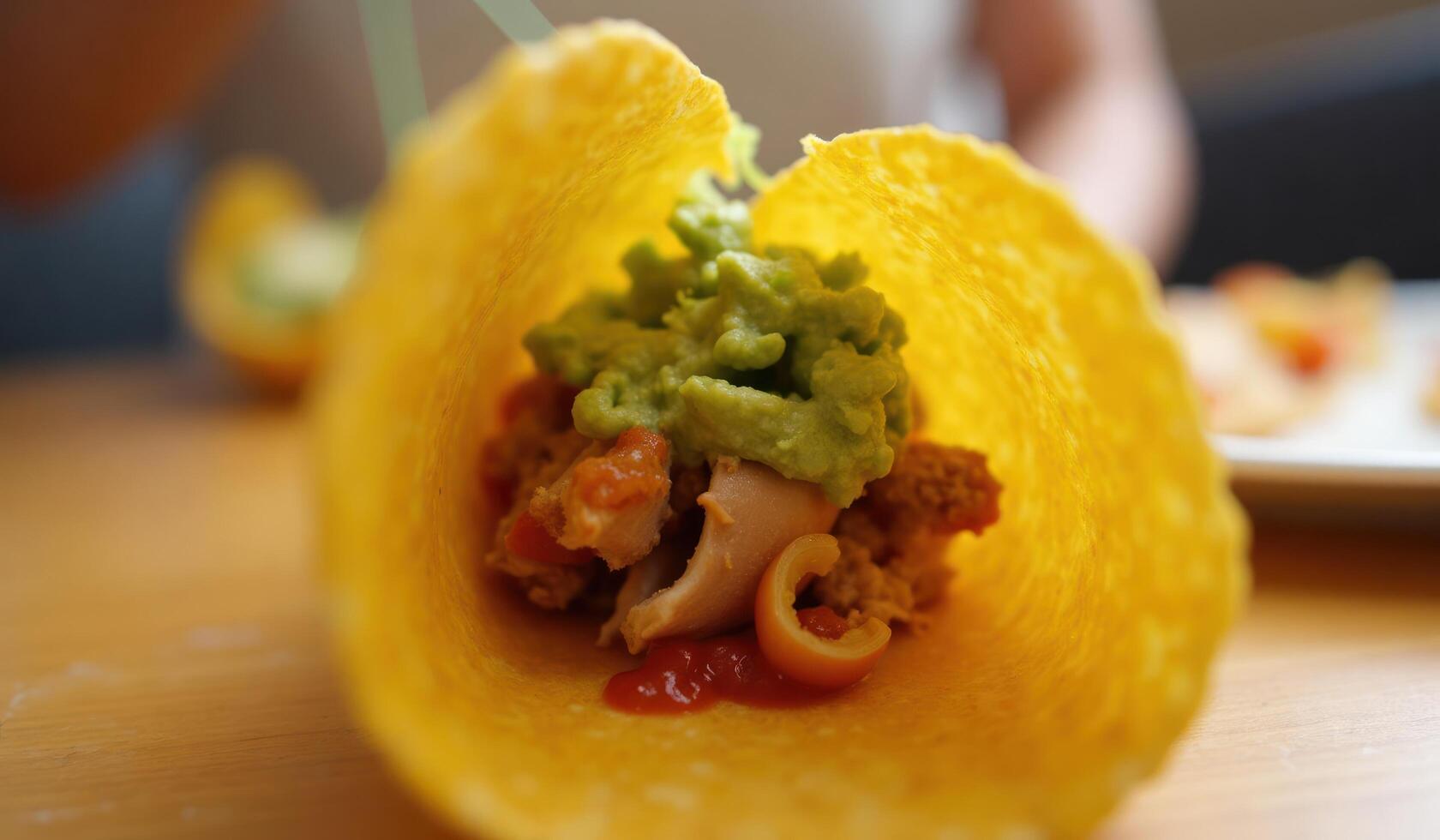 A person holding a taco with guacamole on it photo
