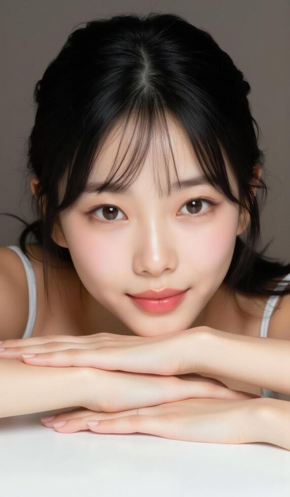 Beautiful asian woman with long black hair and white skin photo