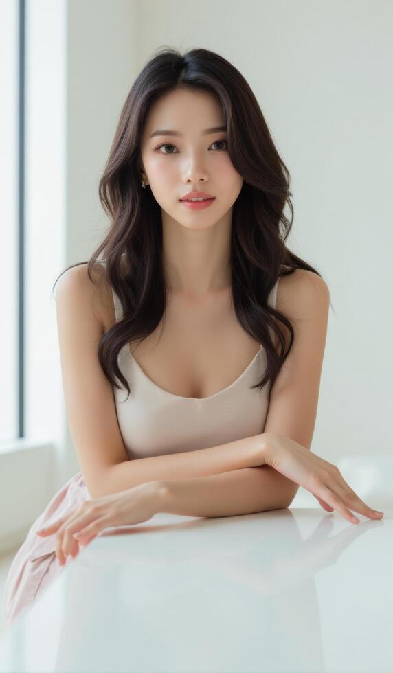 Beautiful asian woman sitting on white table photo