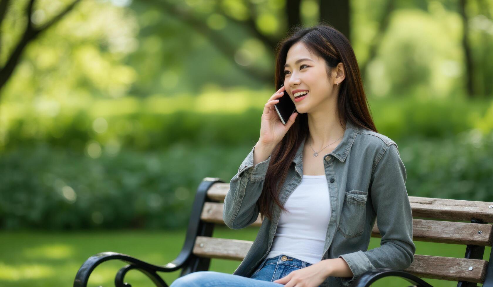 A woman sitting on a bench talking on her cell phone photo