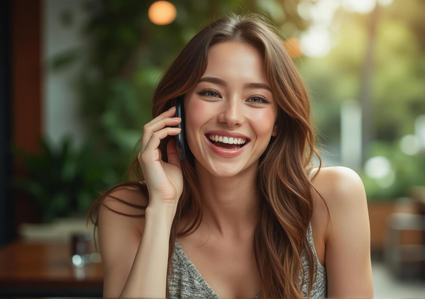 A woman is smiling while talking on her phone photo