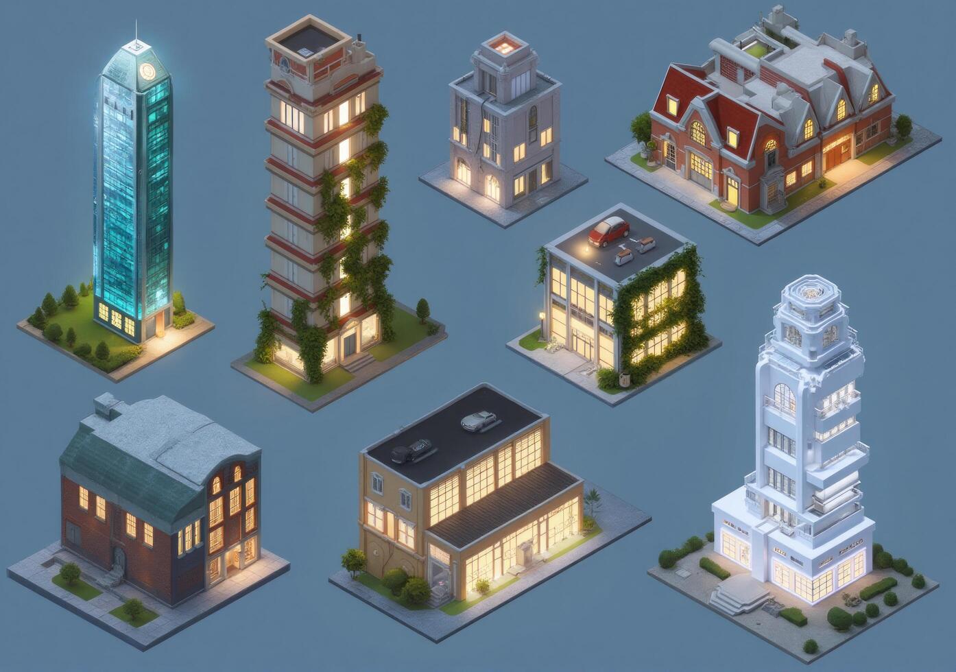 Isometric city buildings with lights and windows photo