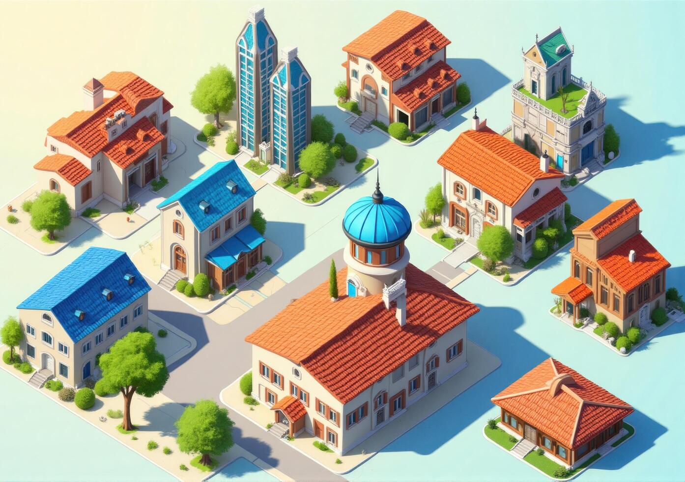 Isometric 3d city buildings with roofs and windows photo