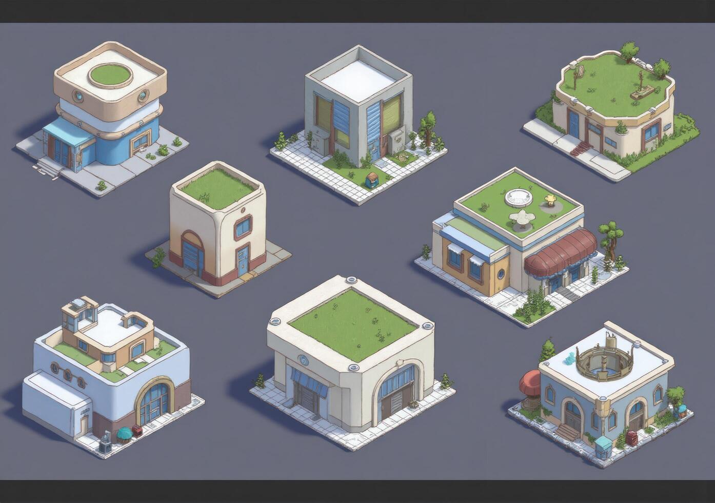 Isometric buildings with grass and trees photo