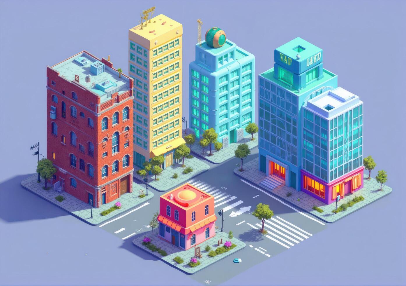 3d isometric city with buildings and street photo