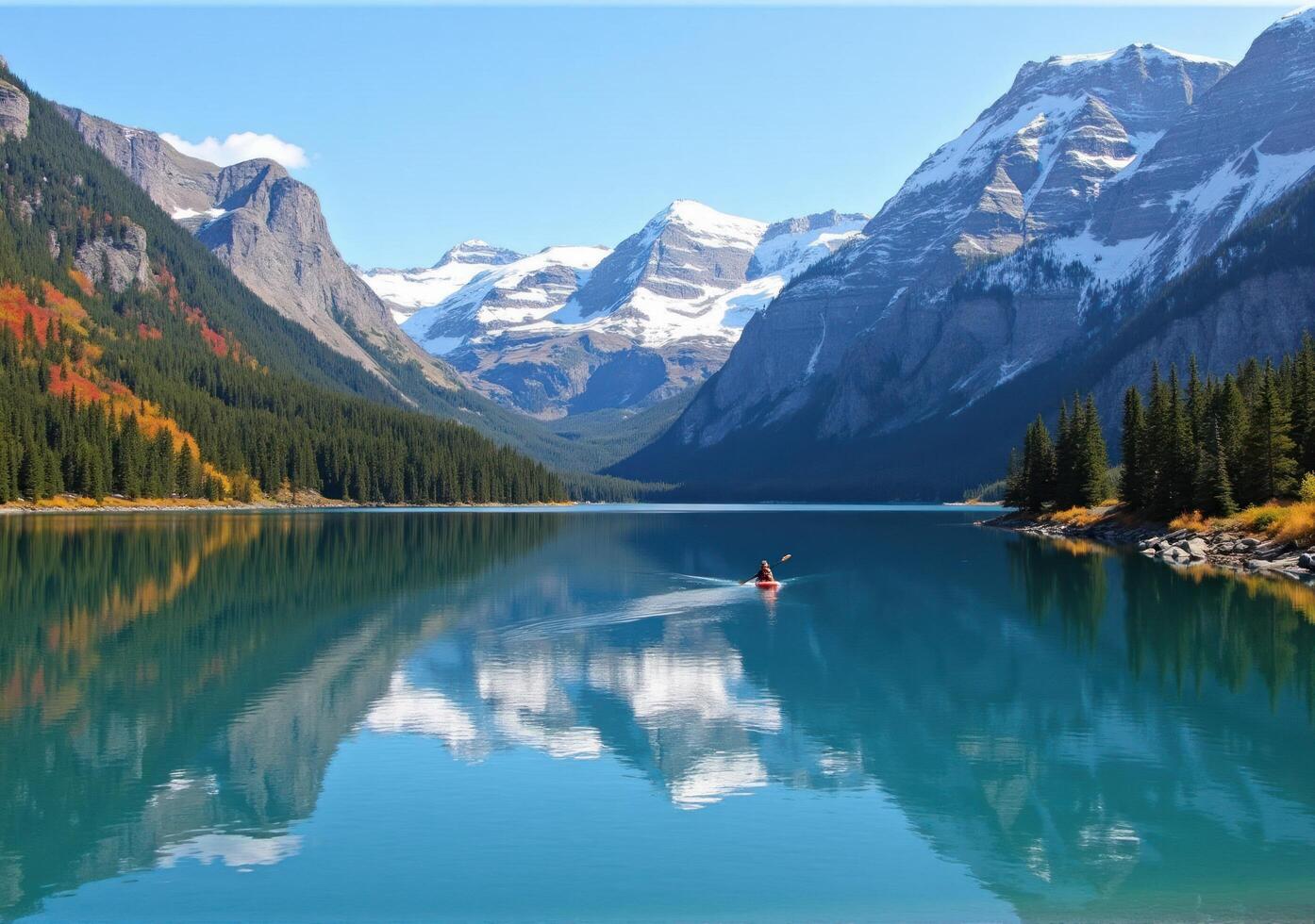 A canoe is floating on a lake surrounded by mountains photo